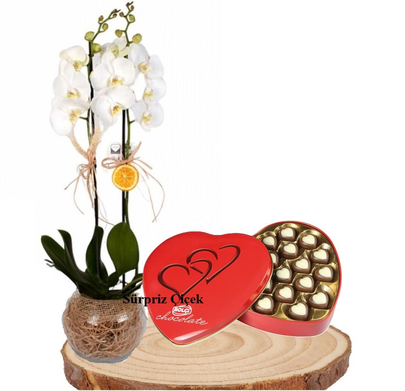 Beyaz Orkide & Bolçi Kalp Kutu Çikolata