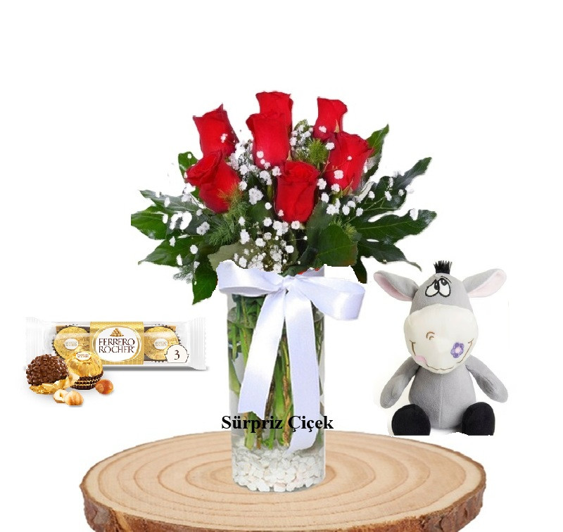 Vazoda Kırmızı Güller & Peluş Eşek & Ferrero Focher Çikolata